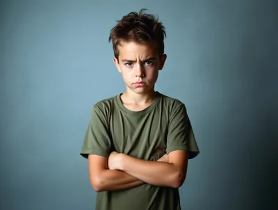 Angry Young Boy With Crossed Arms