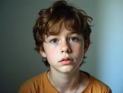 Portrait Of A Young Boy With Messy Brown Hair