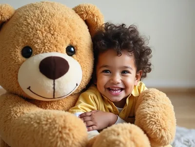 Happy Toddler Boy Hugging A Large Teddy Bear