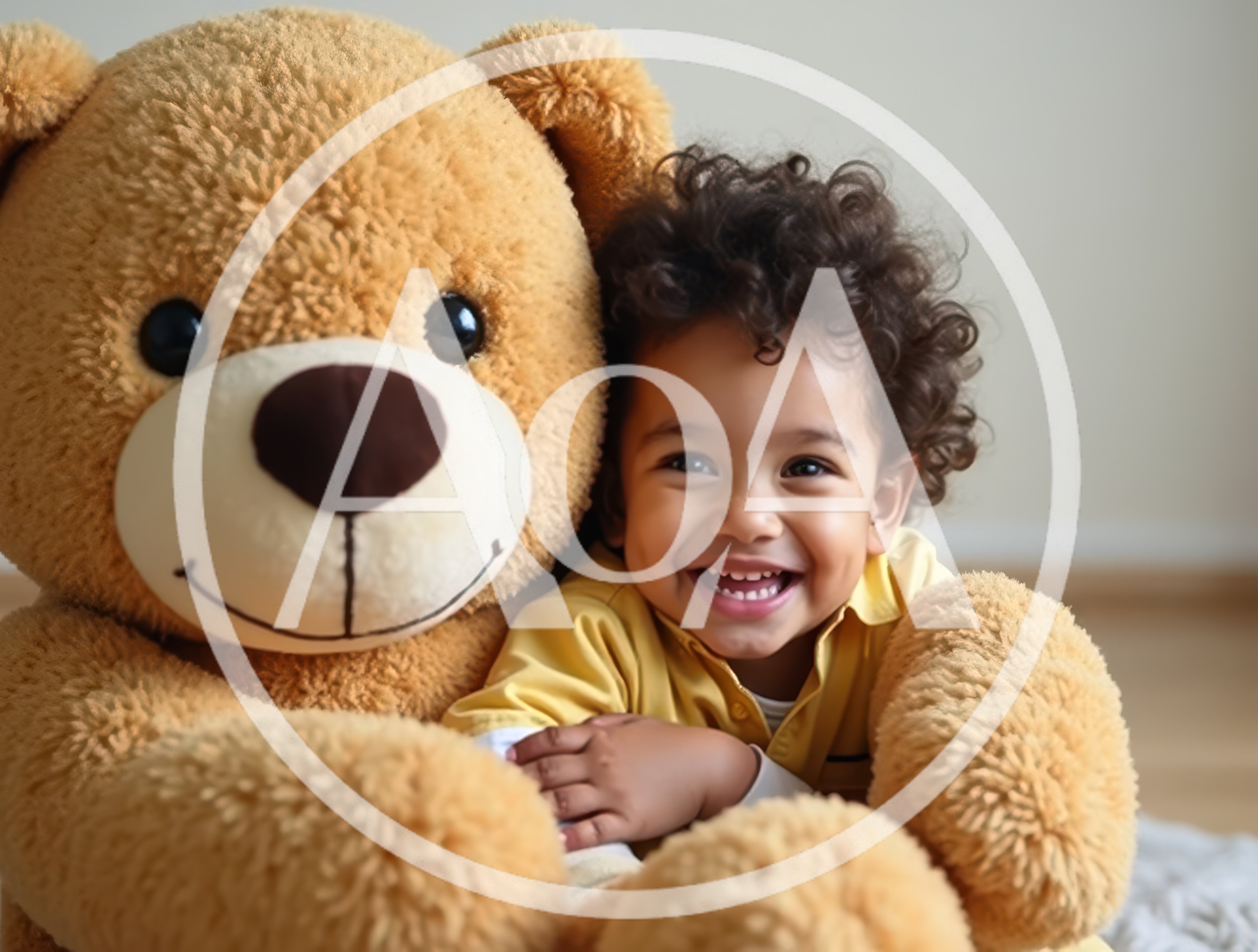 Happy Toddler Boy Hugging A Large Teddy Bear