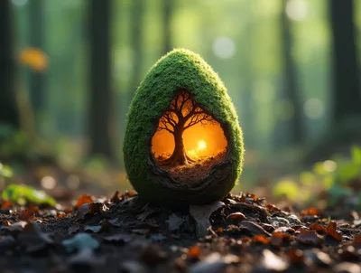 Moss Covered Egg Containing A Glowing Miniature Tree