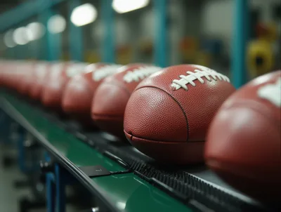 American Footballs Moving Along A Factory Assembly Line