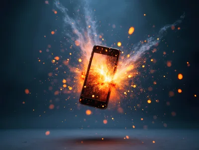 Smartphone Exploding With Bright Sparks And Smoke