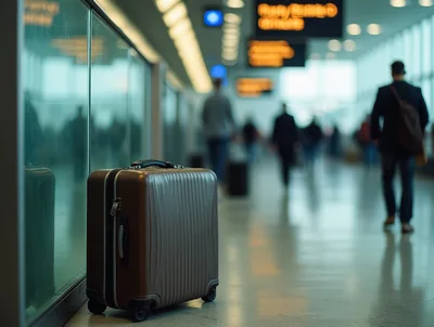Brown Suitcase Standing Alone in a Busy Airport Terminal
