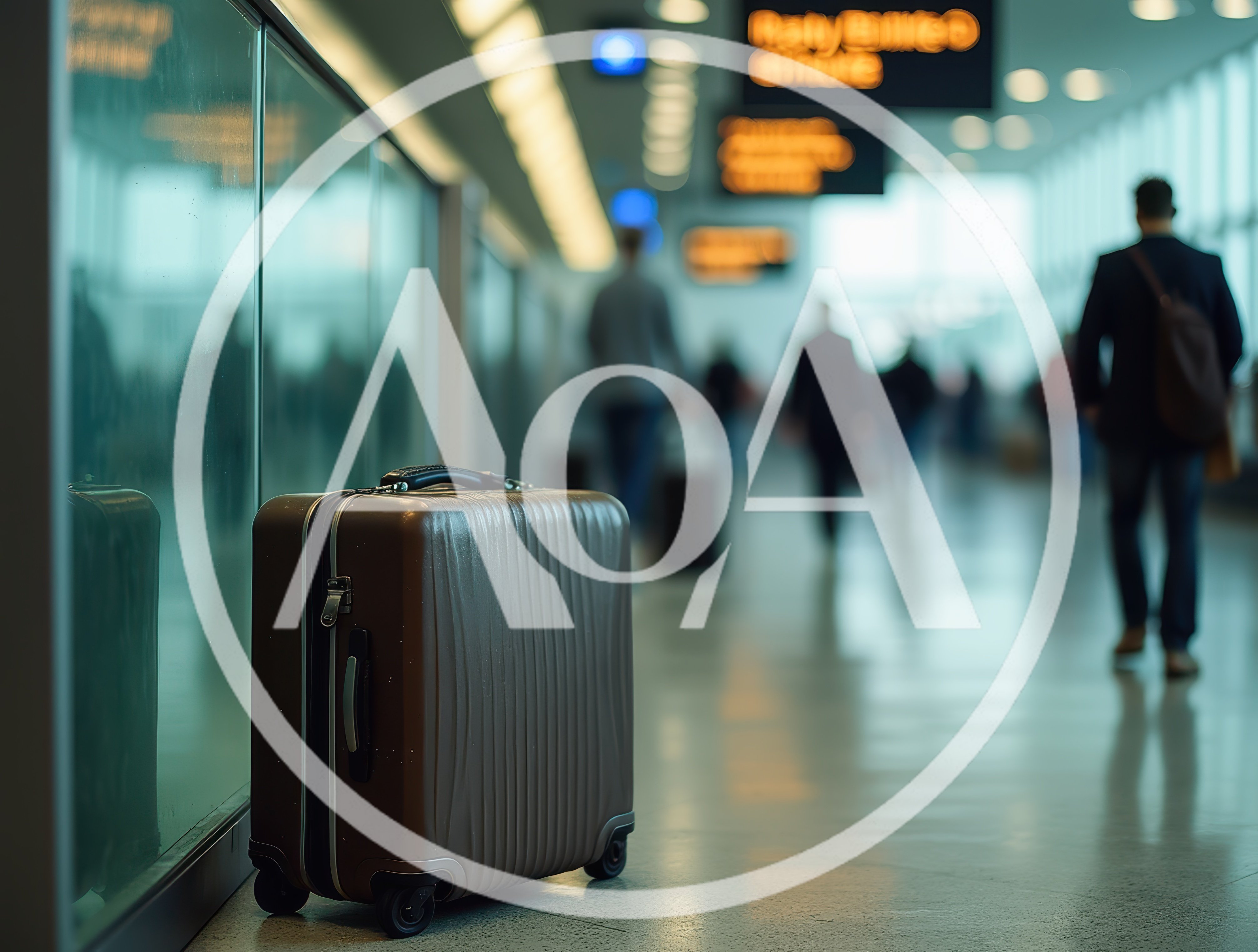 Brown Suitcase Standing Alone in a Busy Airport Terminal