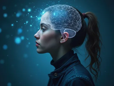 Young Woman With Digital Neural Network Brain Visualization