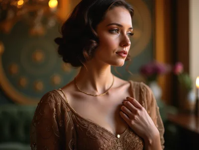 Elegant Woman In Vintage Gold Evening Gown