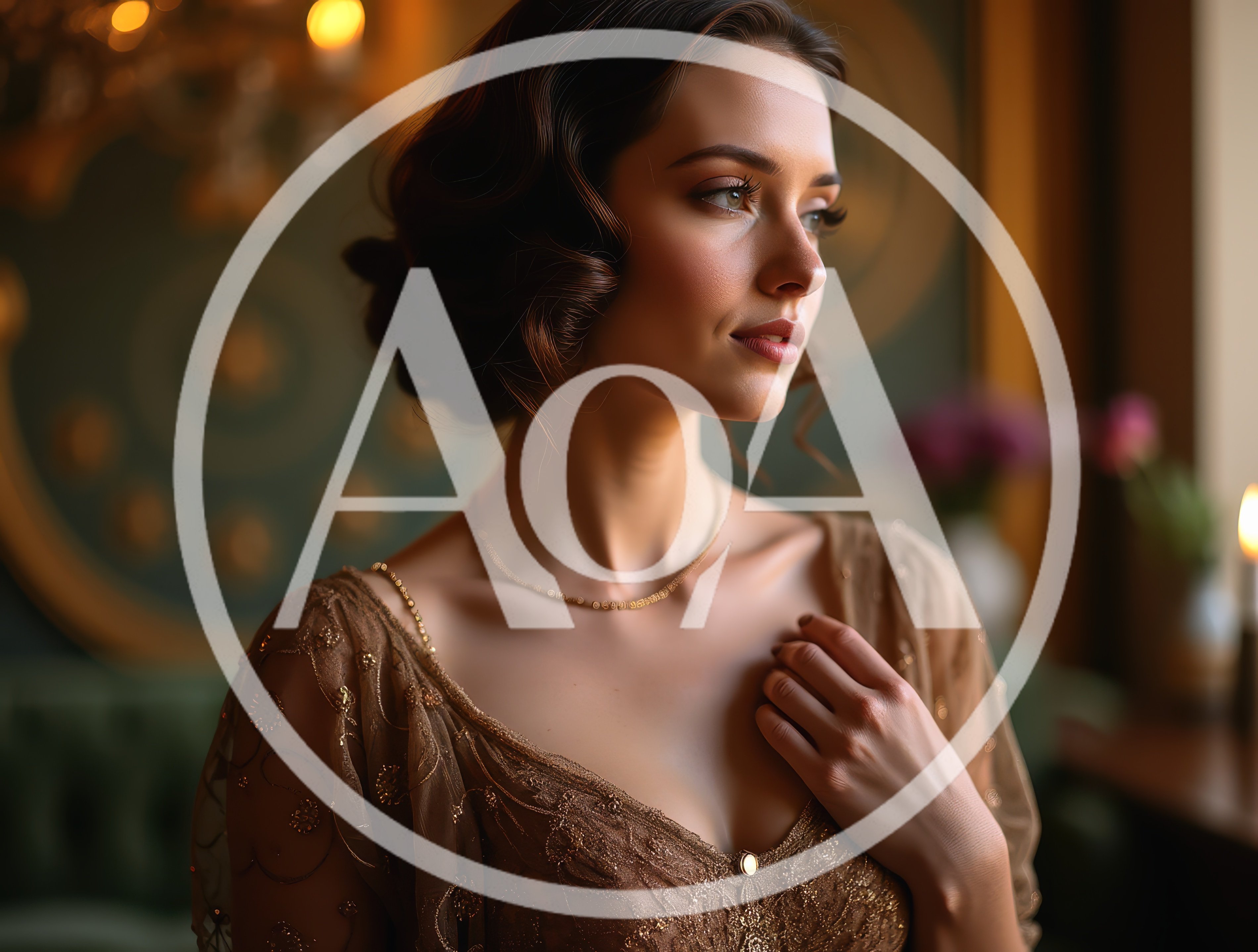 Elegant Woman In Vintage Gold Evening Gown