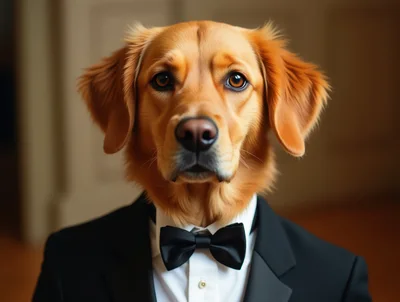 Golden Retriever Dog Wearing A Formal Tuxedo