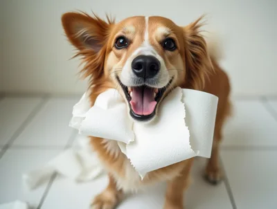 Happy Dog Playing With Toilet Paper Roll