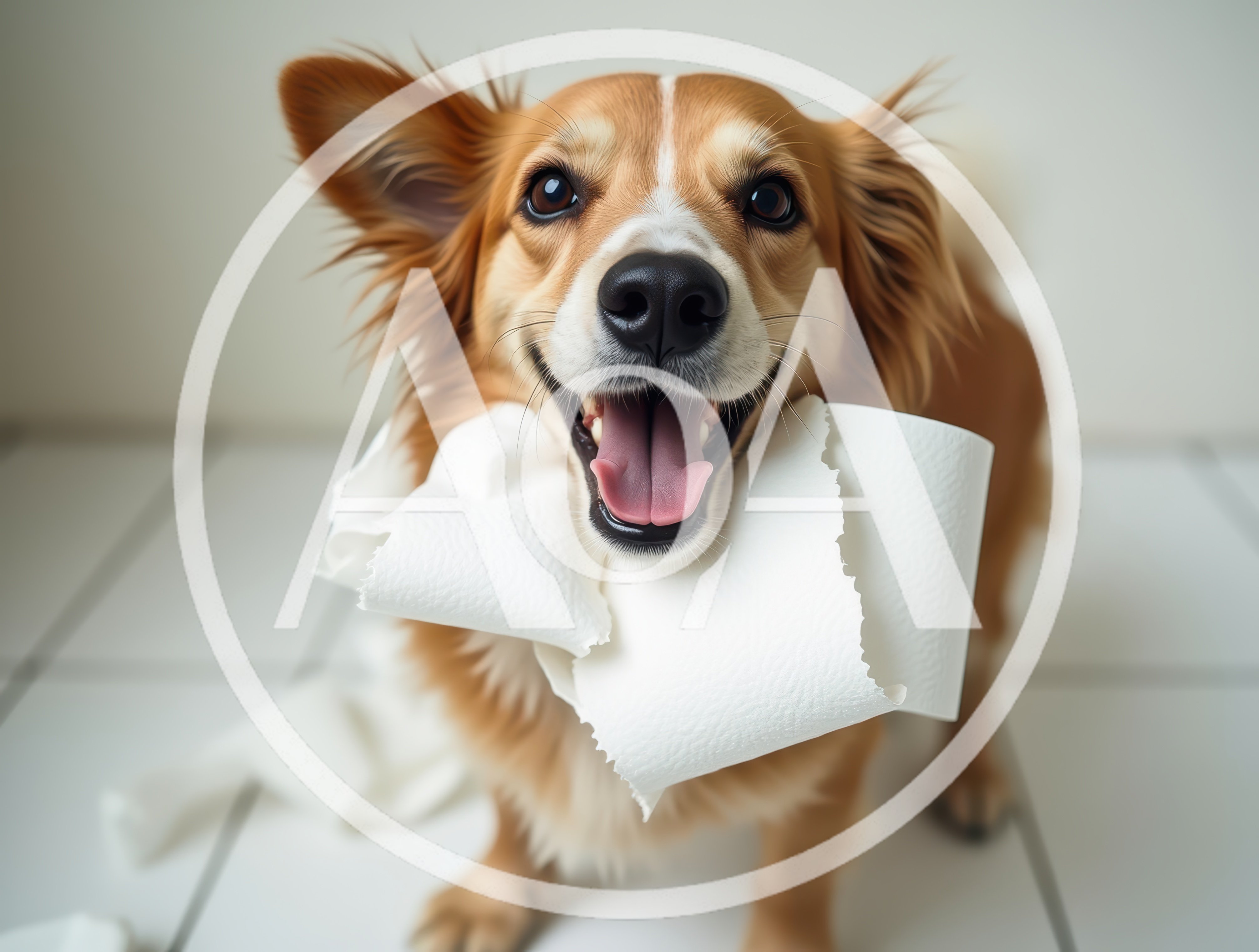 Happy Dog Playing With Toilet Paper Roll