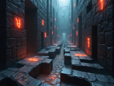 Mysterious Stone Corridor With Glowing Orange Runes