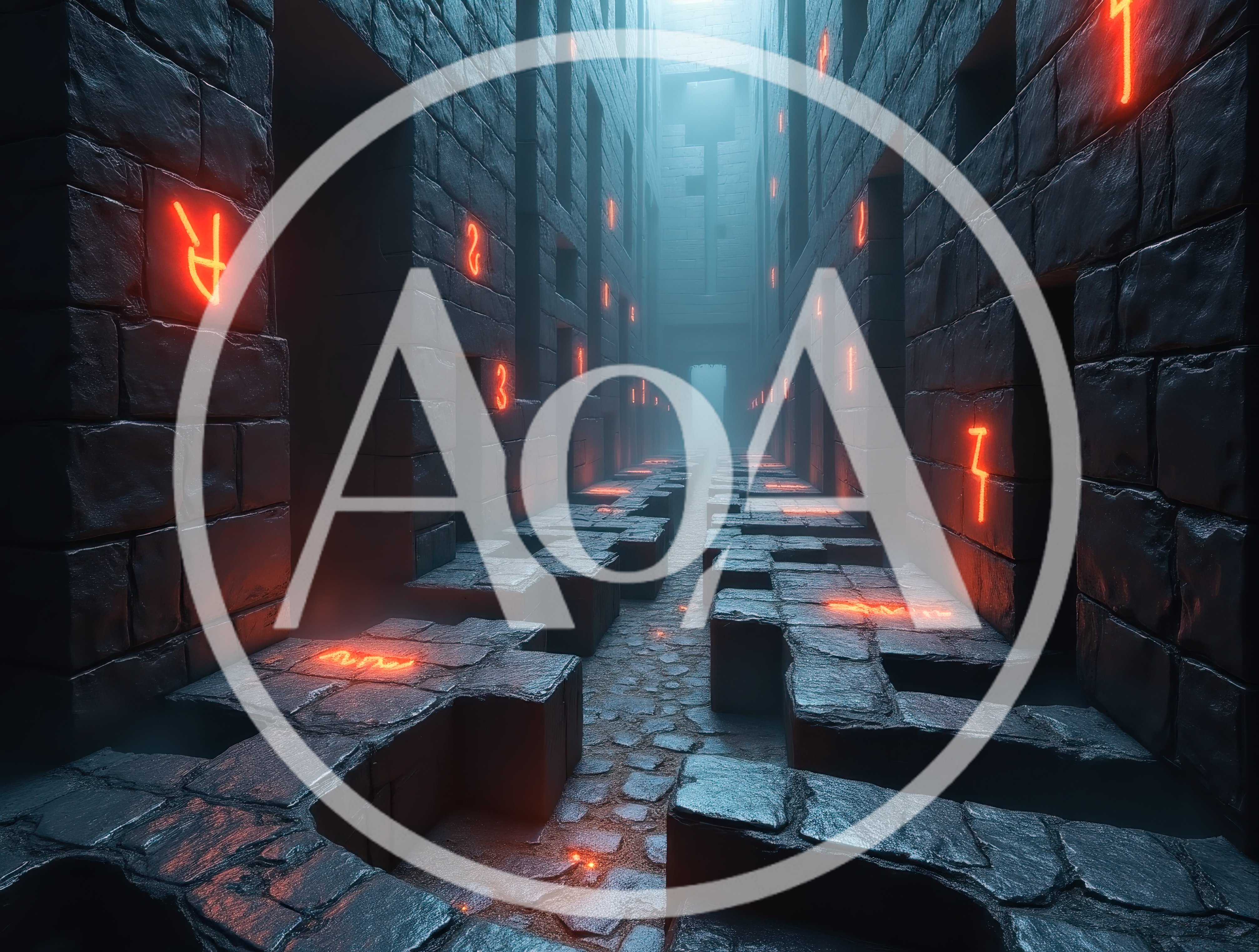 Mysterious Stone Corridor With Glowing Orange Runes