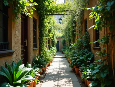 Narrow Garden Alleyway With Potted Plants