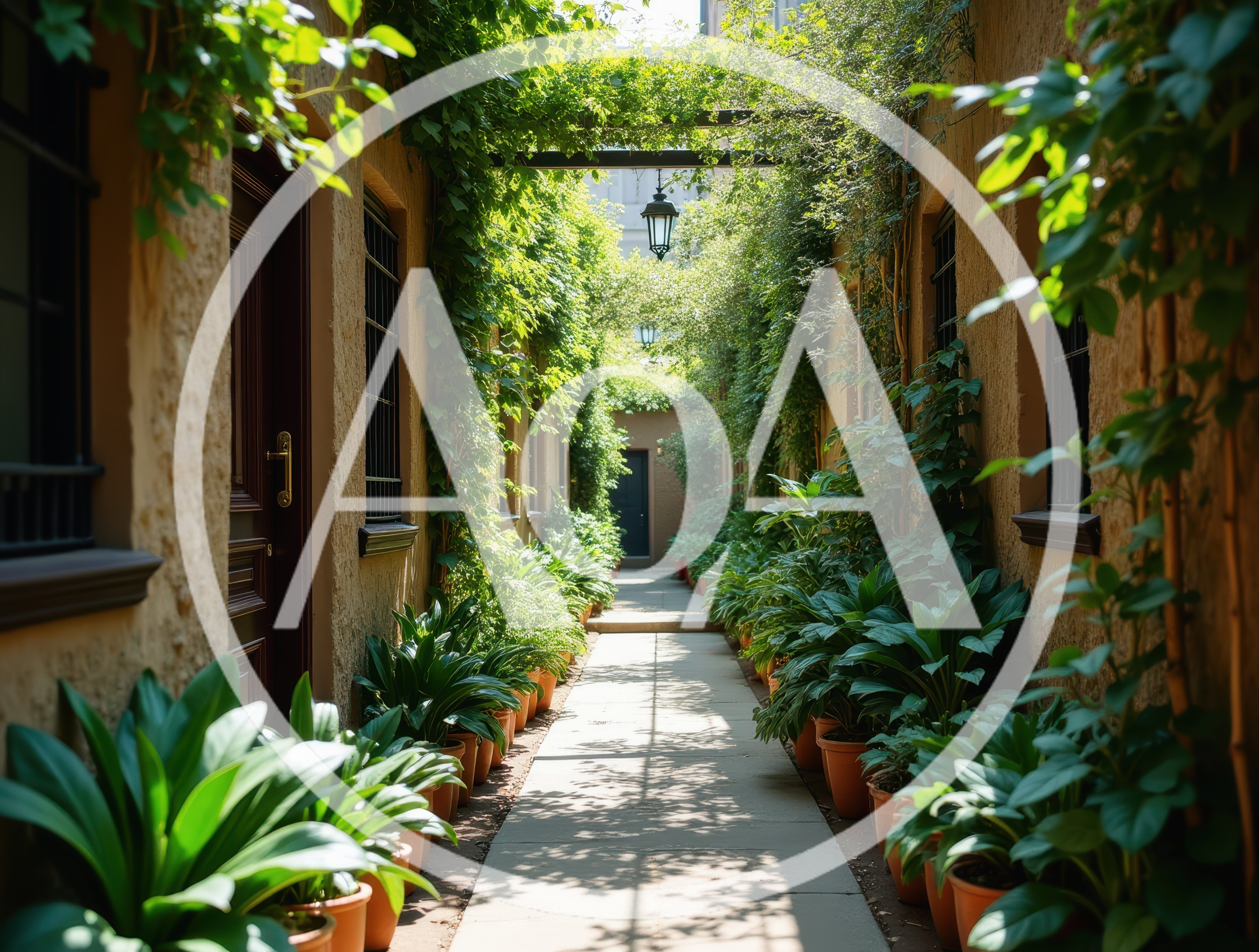 Narrow Garden Alleyway With Potted Plants
