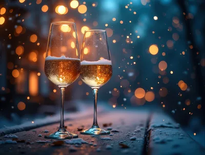 Two Glasses Of Champagne On A Snowy Winter Evening