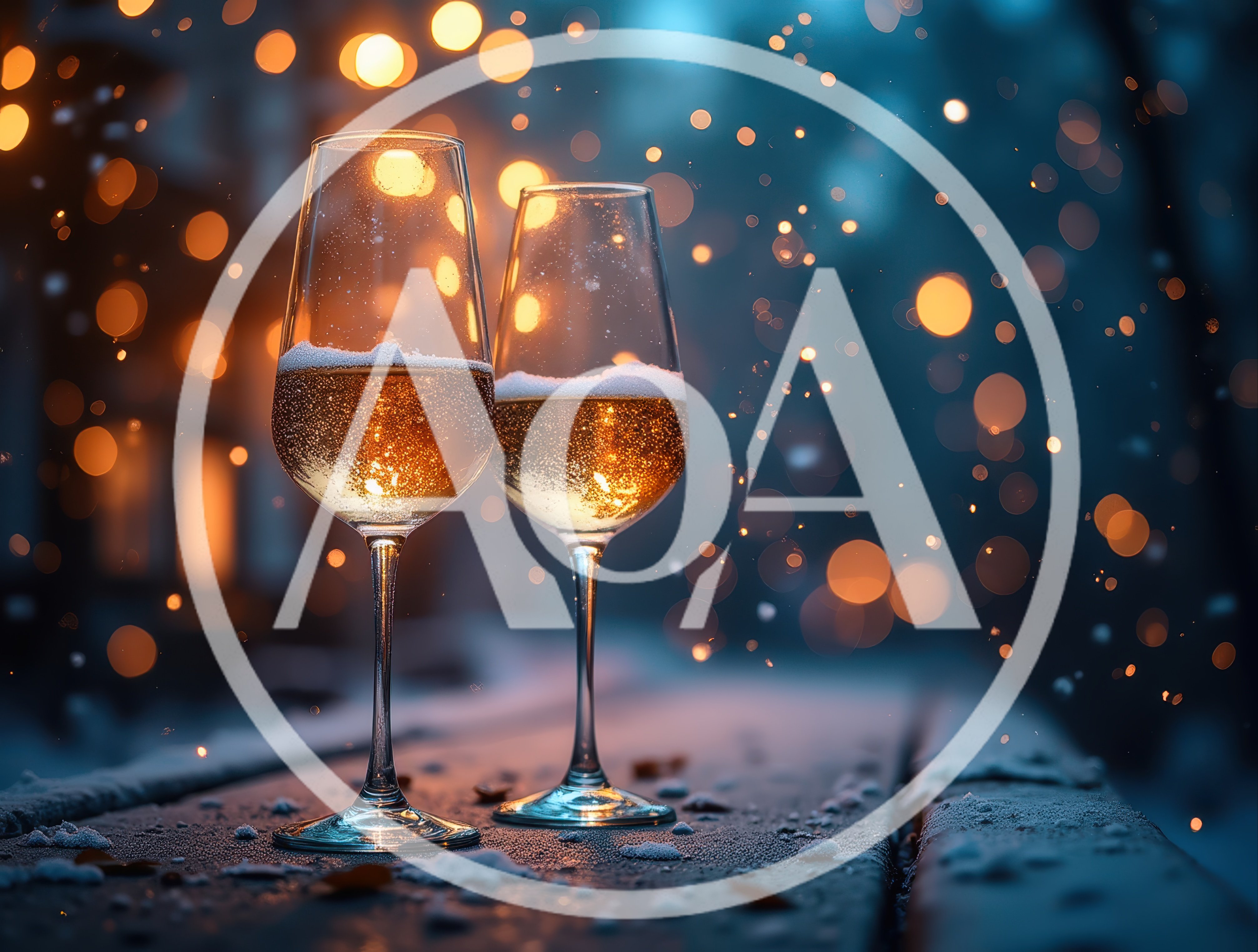 Two Glasses Of Champagne On A Snowy Winter Evening
