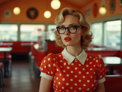 Vintage Style Woman In Polka Dot Dress At Diner