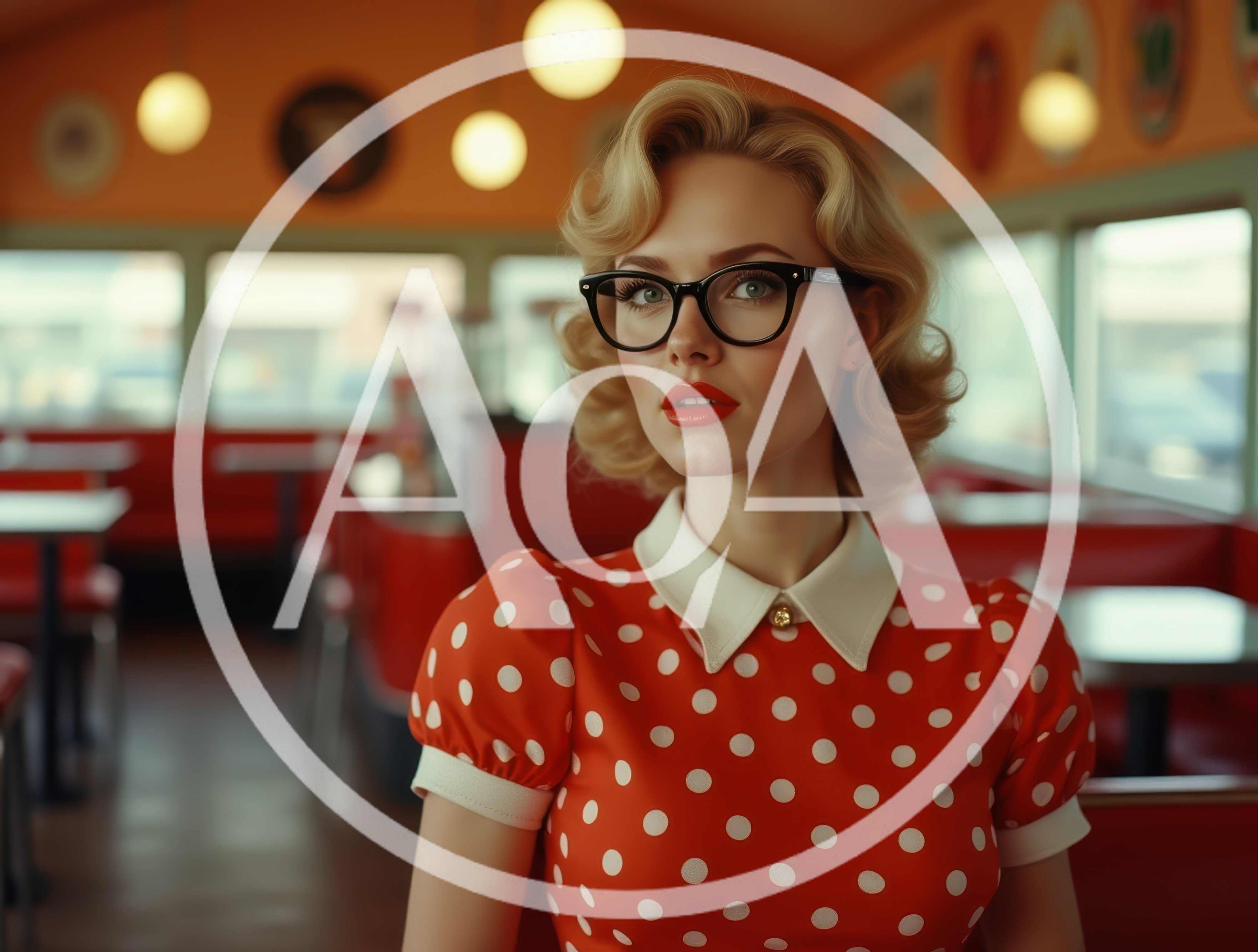 Vintage Style Woman In Polka Dot Dress At Diner