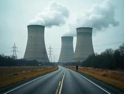 Nuclear Power Plant Cooling Towers Near Rural Road
