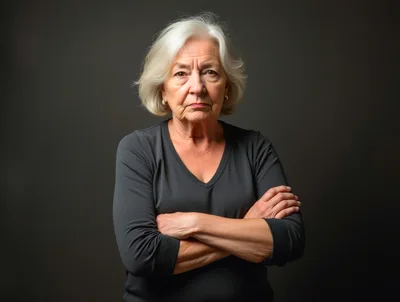 Portrait Of A Serious Elderly Woman With Crossed Arms