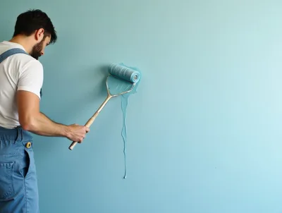 Man Painting A Wall With A Blue Paint Roller
