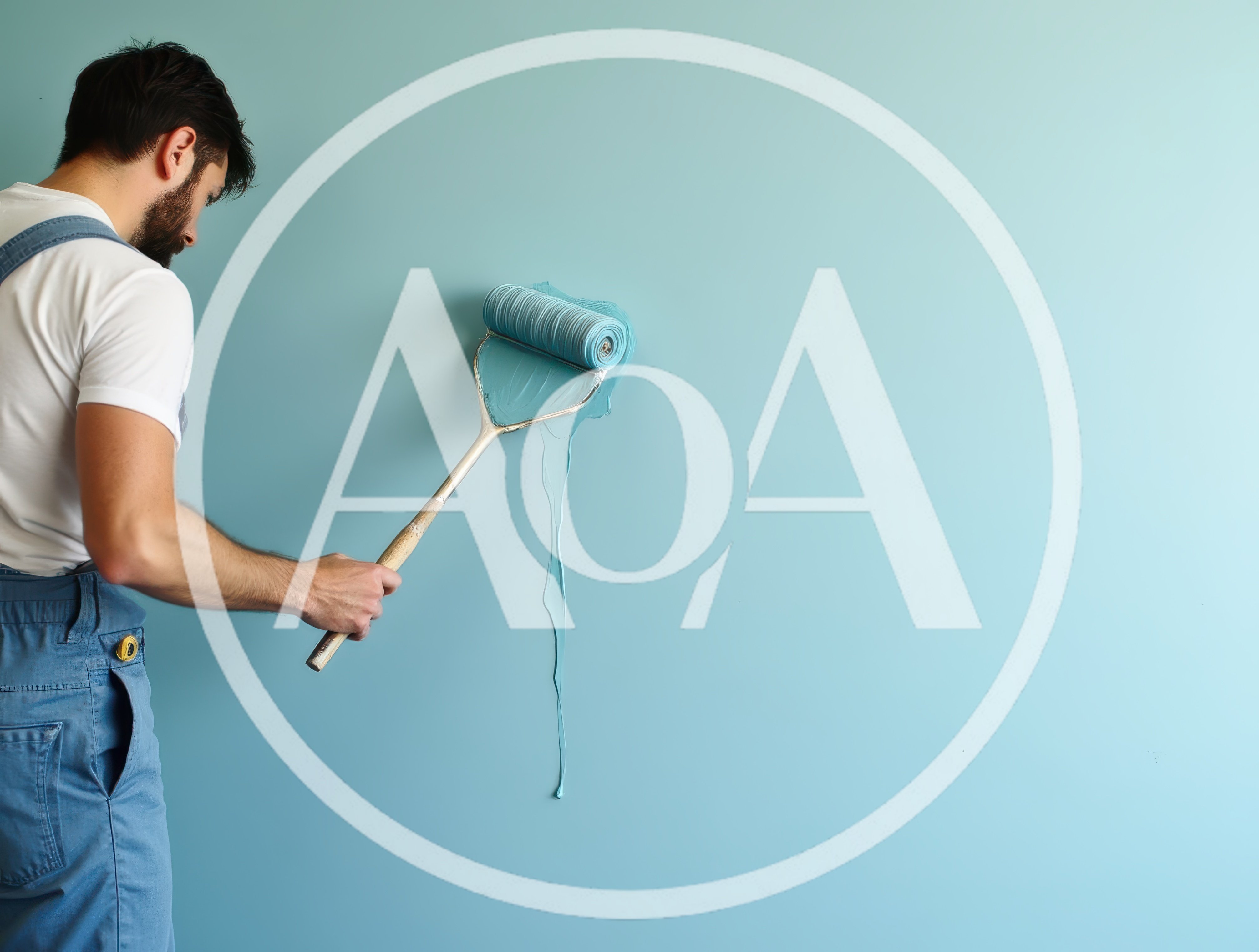 Man Painting A Wall With A Blue Paint Roller