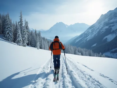 Backcountry Skier Trekking Through Snowy Mountain Landscape