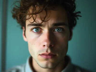 Close Up Portrait Of A Young Man With Curly Hair