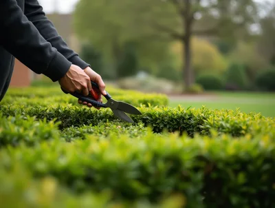 Gardener Trimming A Green Hedge With Hand Shears