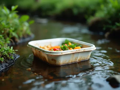 Discarded Plastic Food Container Floating In A Stream