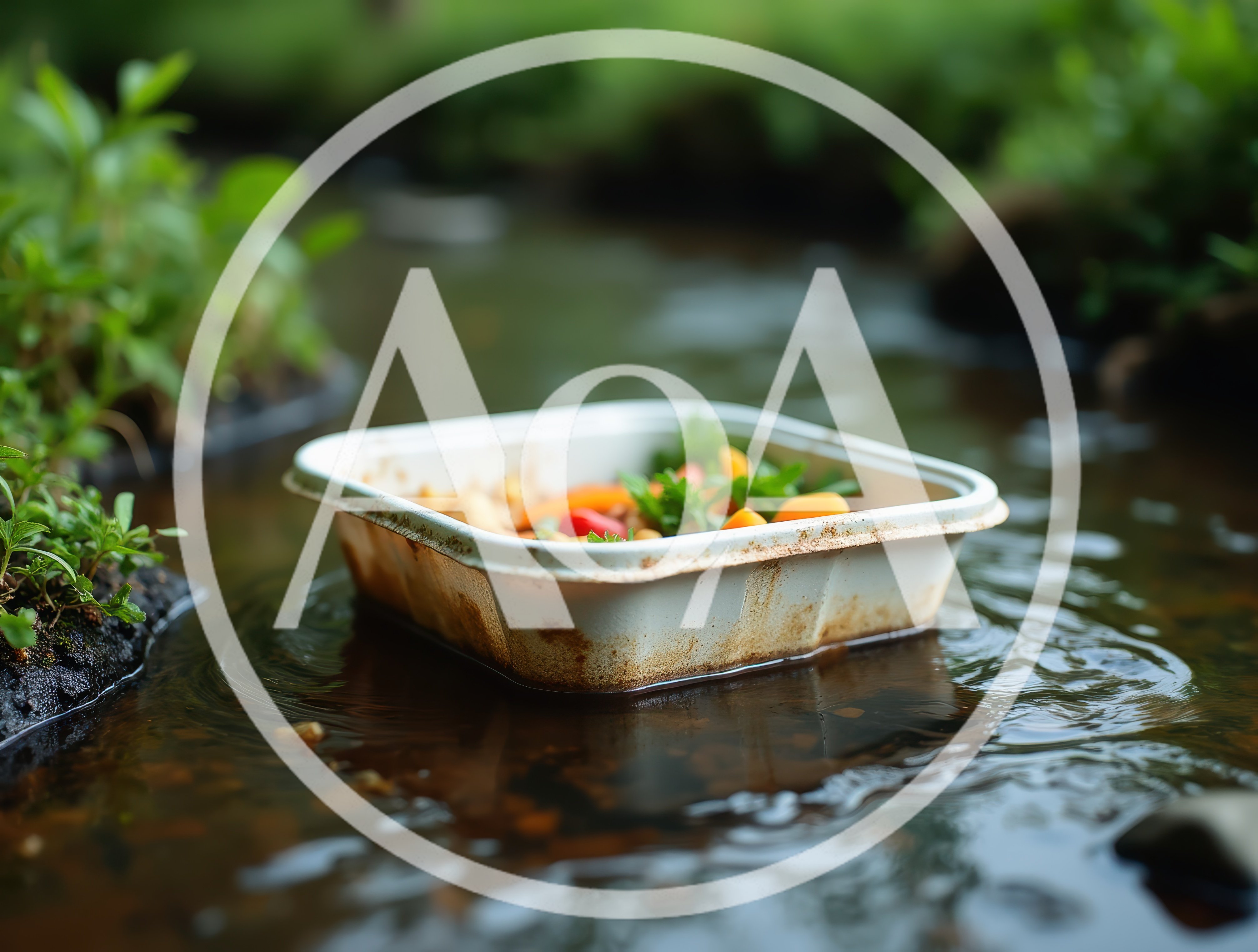 Discarded Plastic Food Container Floating In A Stream