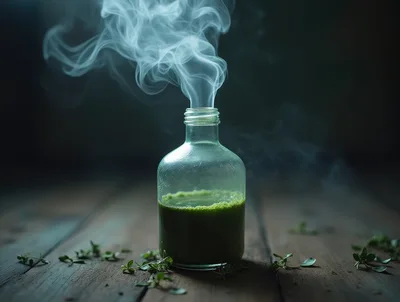 Steaming Green Potion In A Glass Bottle