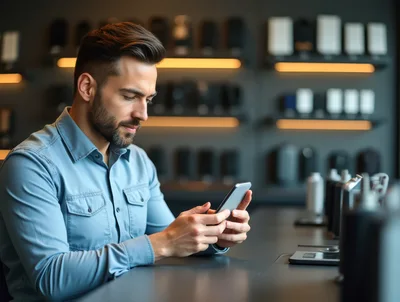 Man Using Smartphone in Modern Tech Store