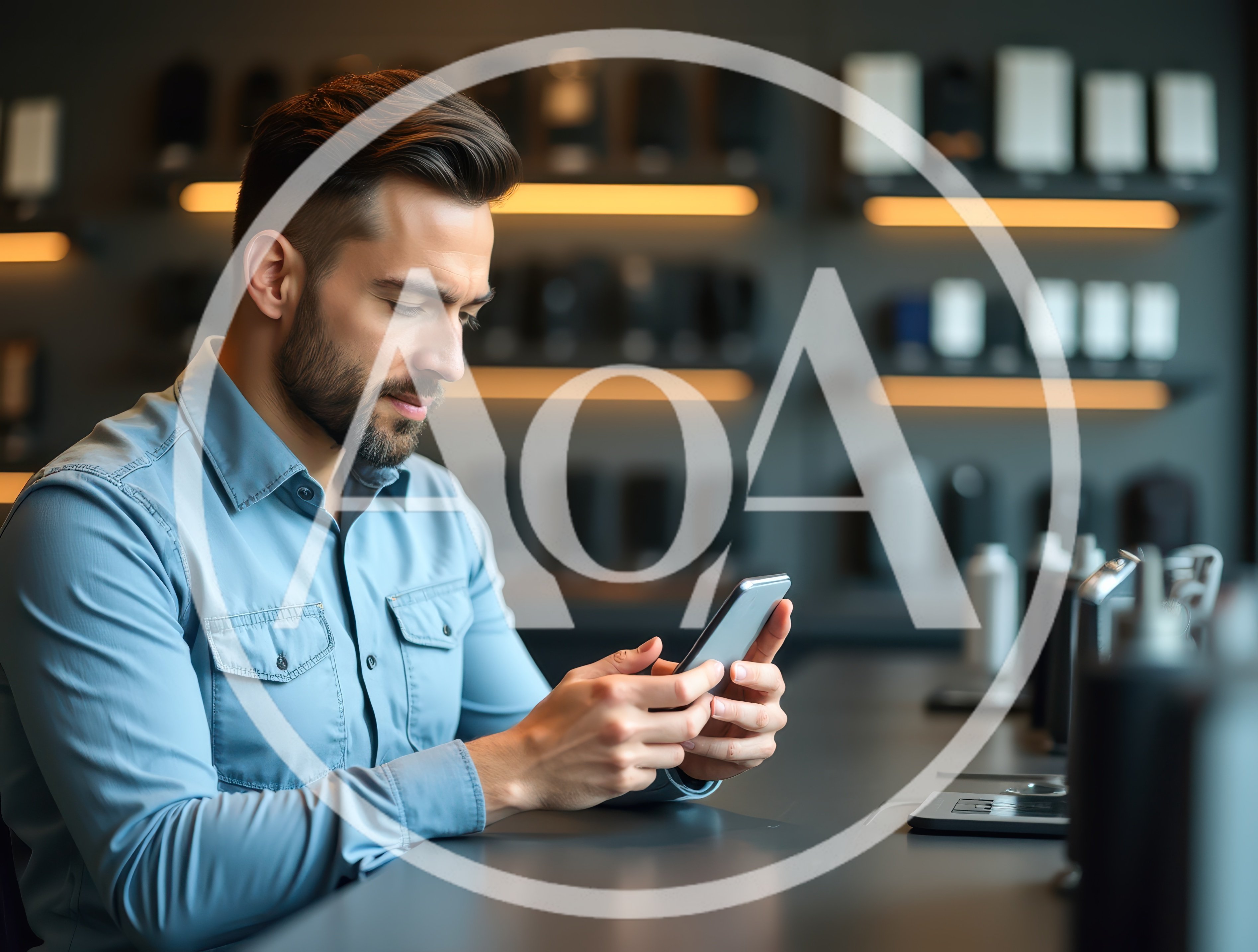 Man Using Smartphone in Modern Tech Store