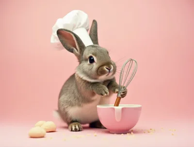 Cute Bunny Wearing Chef Hat Whisking In Bowl