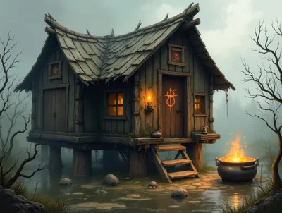 Mystical Witch Hut On Stilts In Foggy Swamp