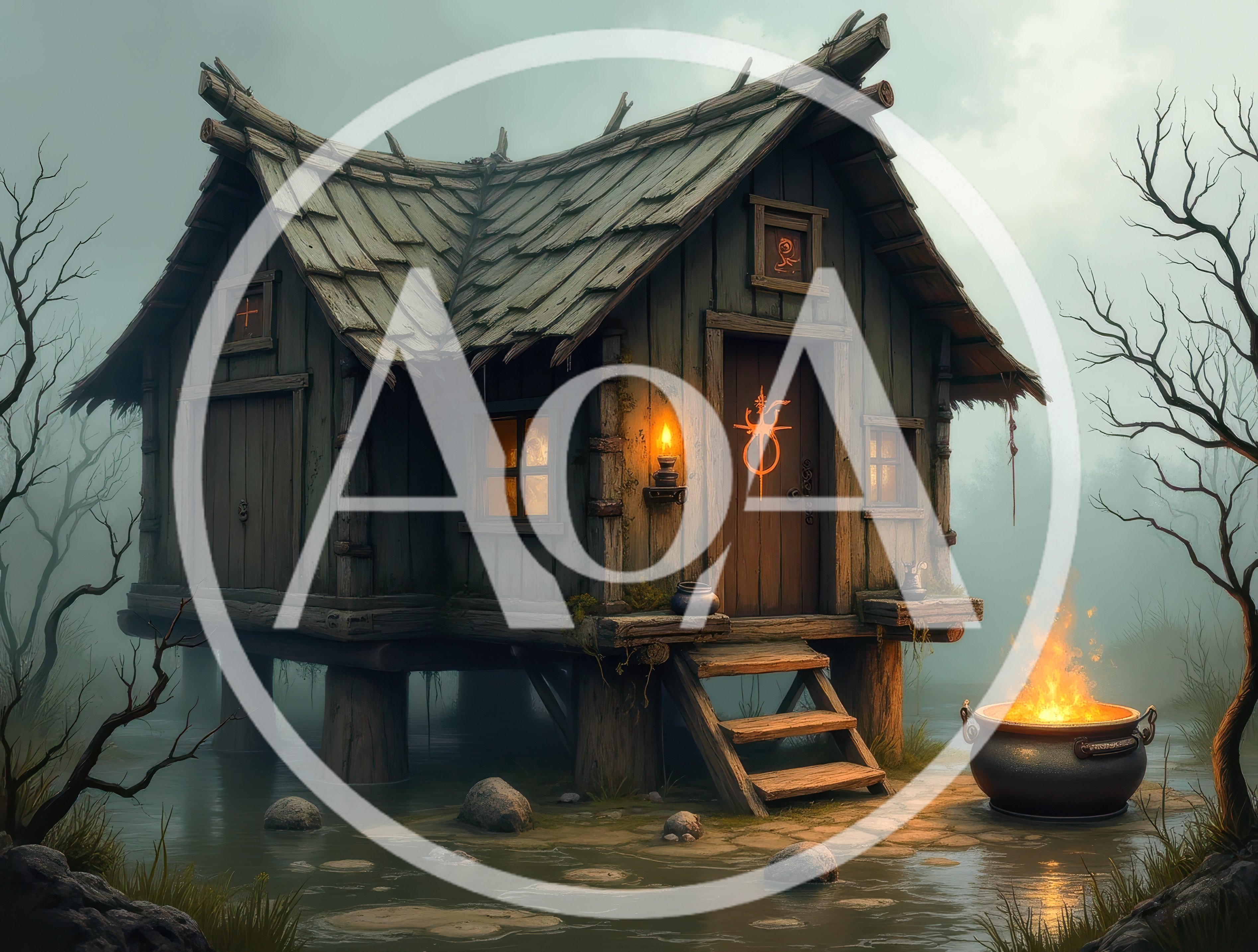 Mystical Witch Hut On Stilts In Foggy Swamp