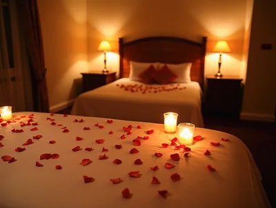 Romantic Bedroom Decorated With Rose Petals And Candles