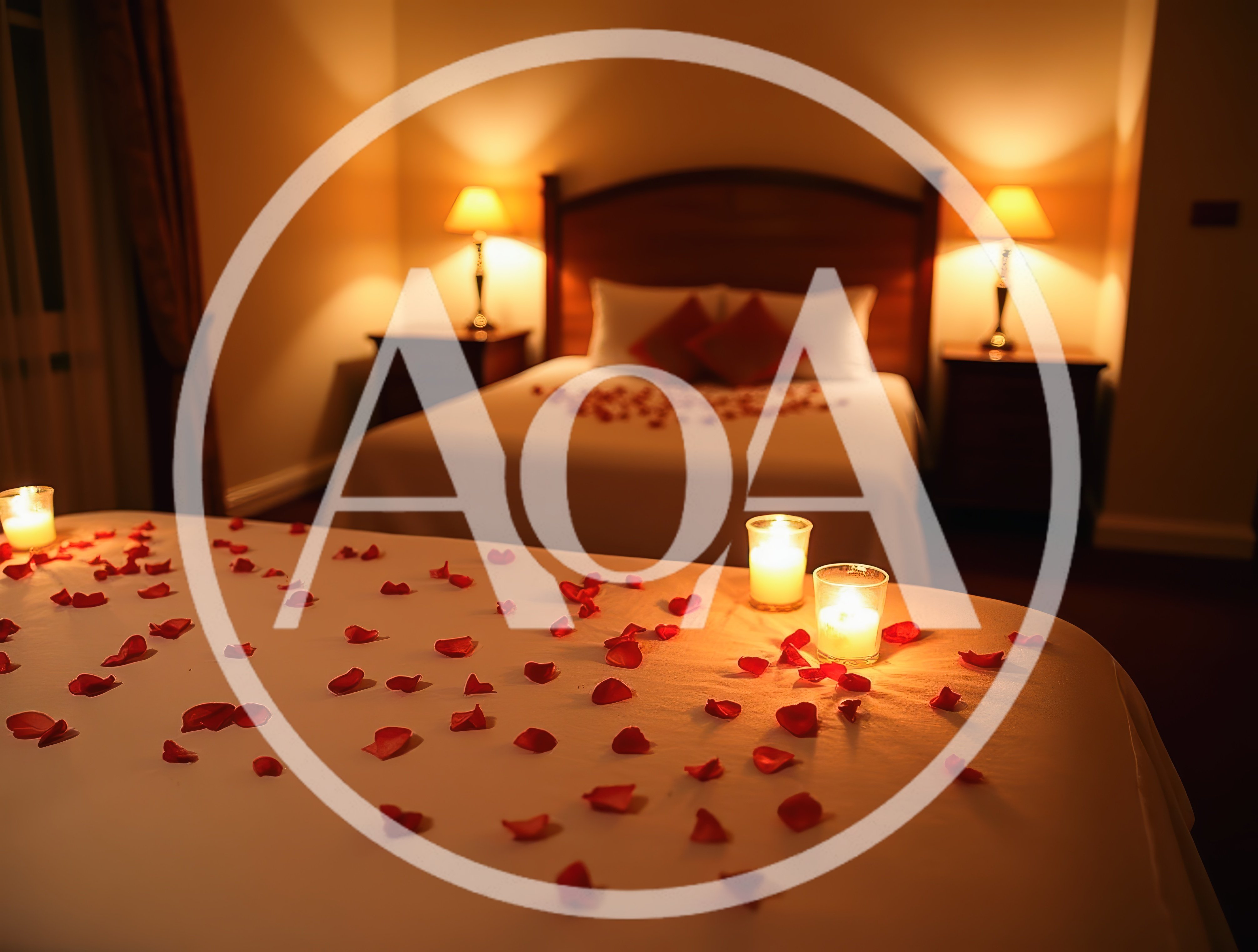 Romantic Bedroom Decorated With Rose Petals And Candles