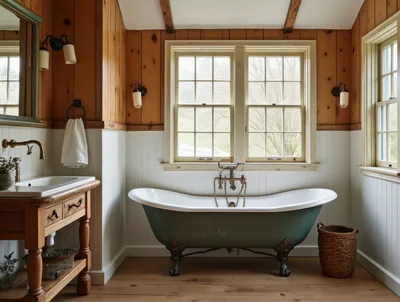 Rustic Bathroom Interior With Clawfoot Bathtub