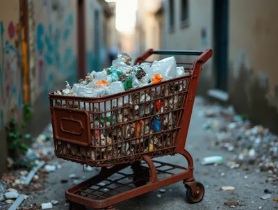 Rusty Shopping Cart Filled With Trash In Urban Alley