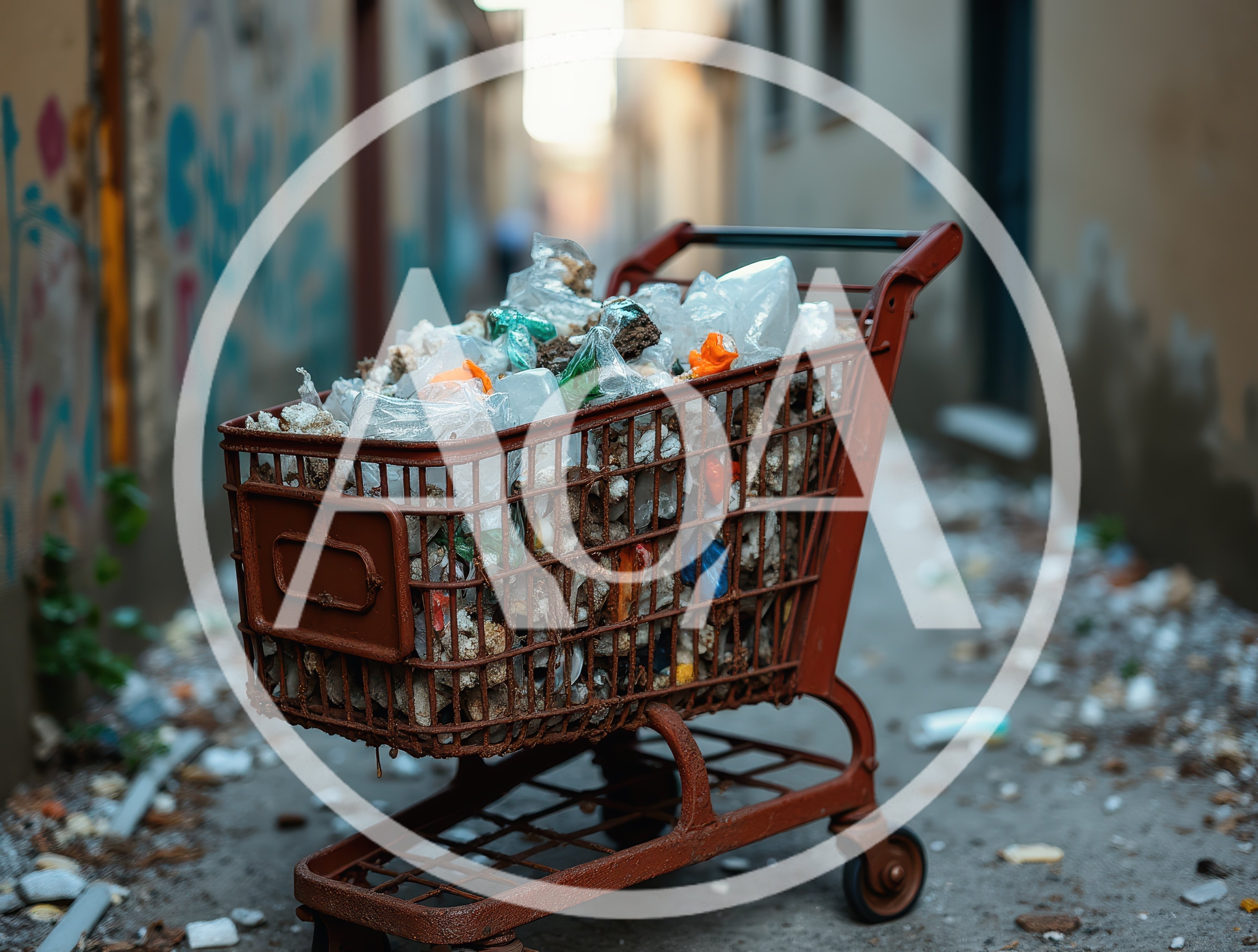 Rusty Shopping Cart Filled With Trash In Urban Alley