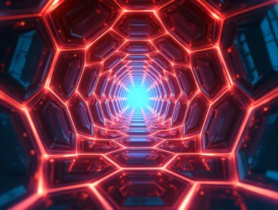Futuristic Hexagonal Tunnel With Glowing Red Neon Lights