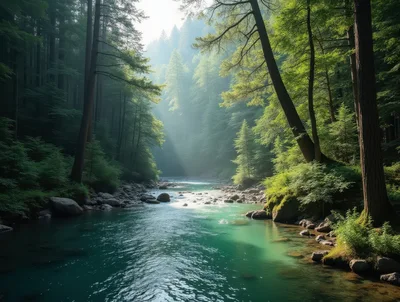 Sunlit River Flowing Through A Lush Temperate Rainforest