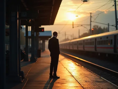 Businessman Standing Alone On A Train Platform At Sunset
