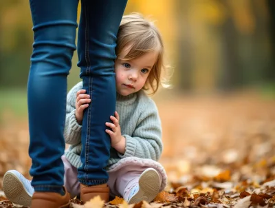 Toddler Girl Hiding Behind Mother Leg in Autumn Park