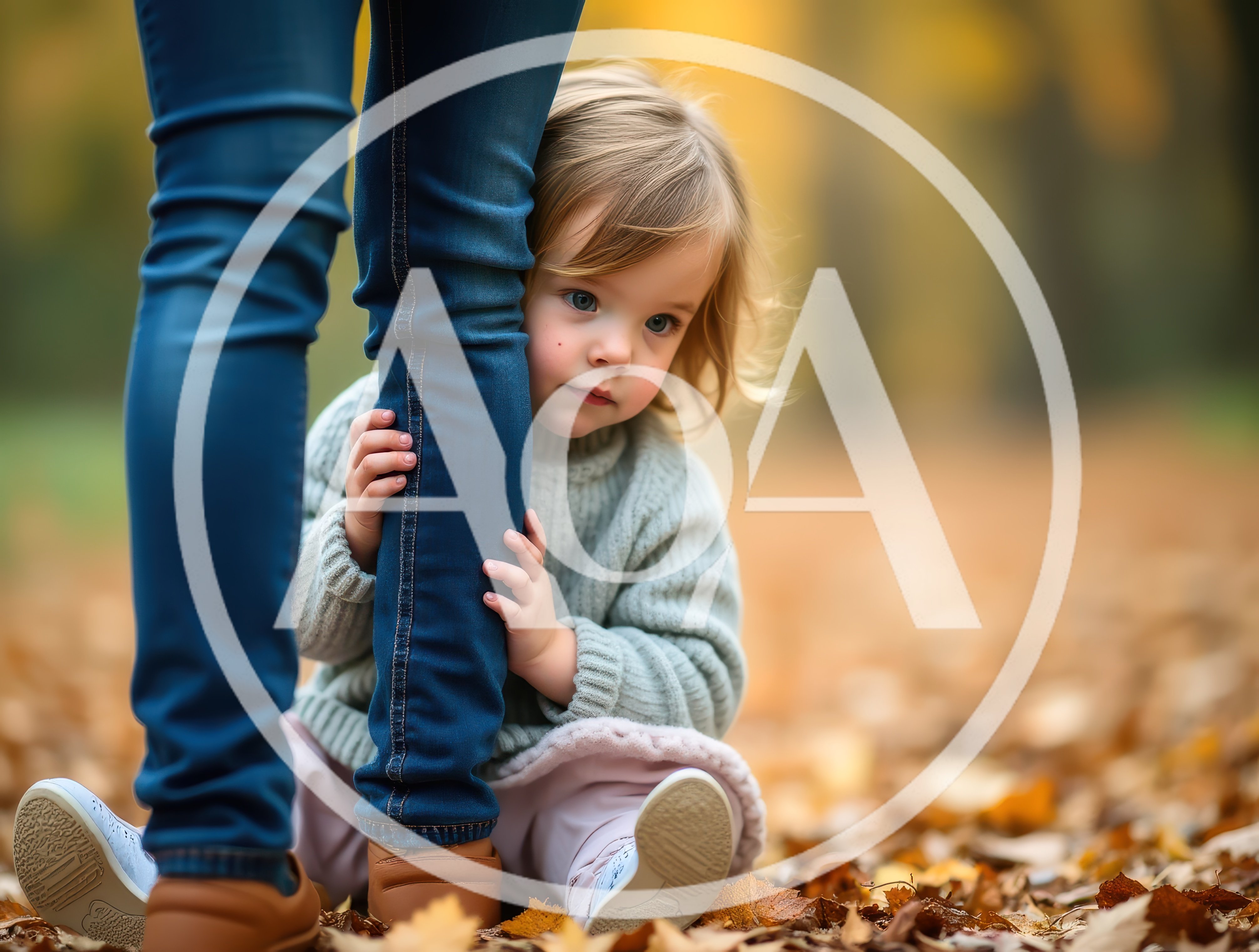 Toddler Girl Hiding Behind Mother Leg in Autumn Park