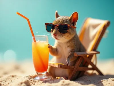 Cute Squirrel Relaxing On A Beach Chair With A Cocktail