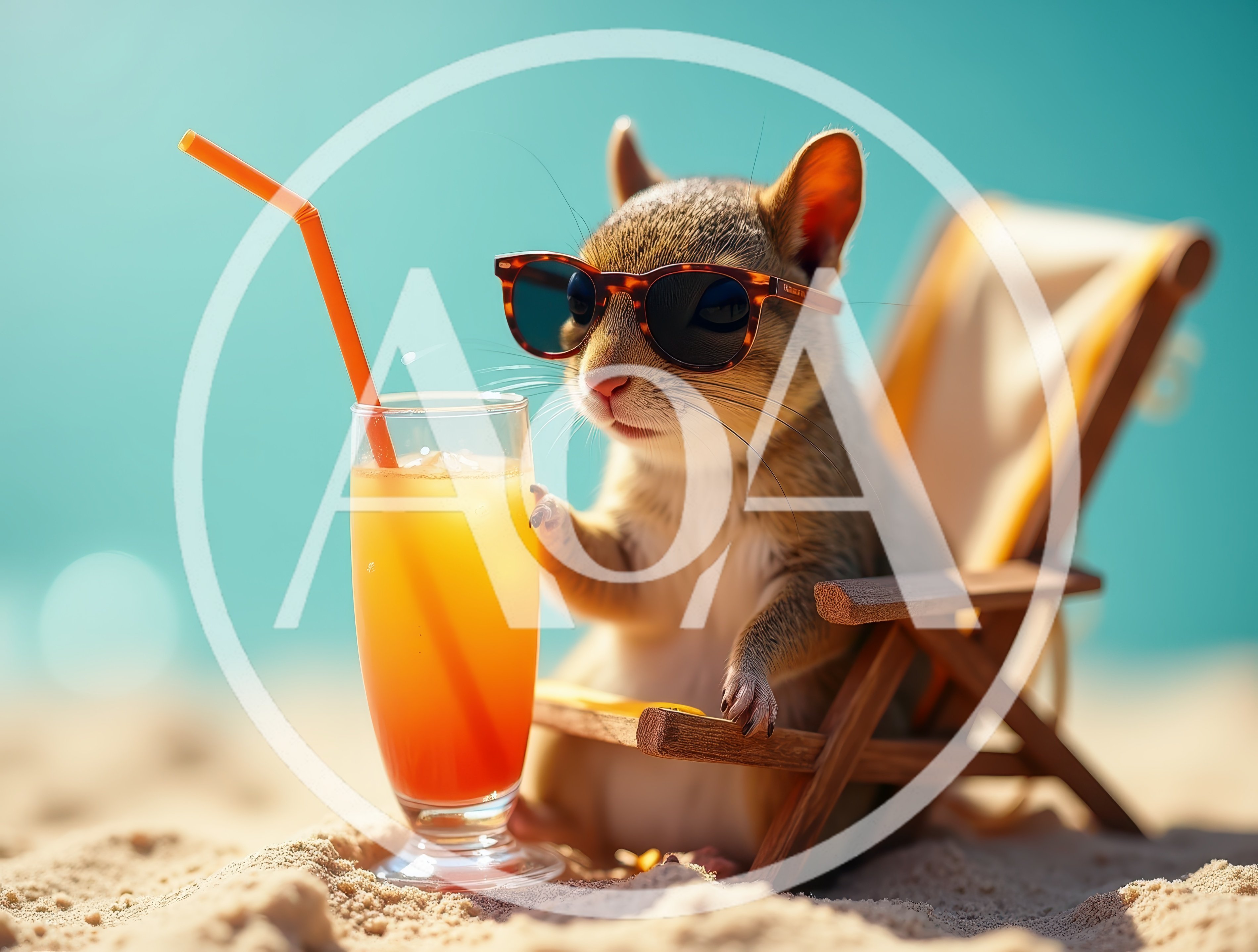 Cute Squirrel Relaxing On A Beach Chair With A Cocktail